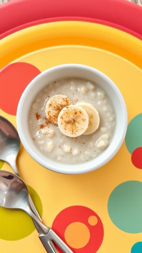 A bowl of baby oatmeal with banana and cinnamon on a colorful mat.